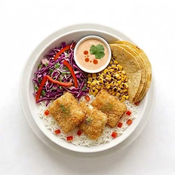 Crispy Fish Tacos Bowl with Purple Cabbage Slaw & Corn Tortillas